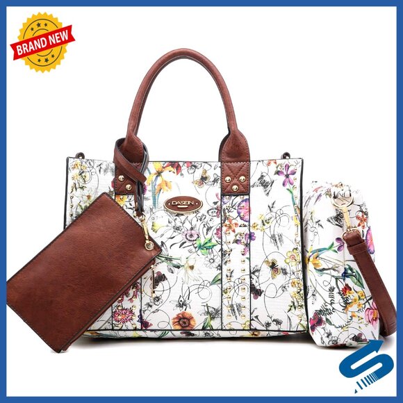 Vegan Leather Tote Set with Wallet & Cosmetic Bag, Adjustable Strap